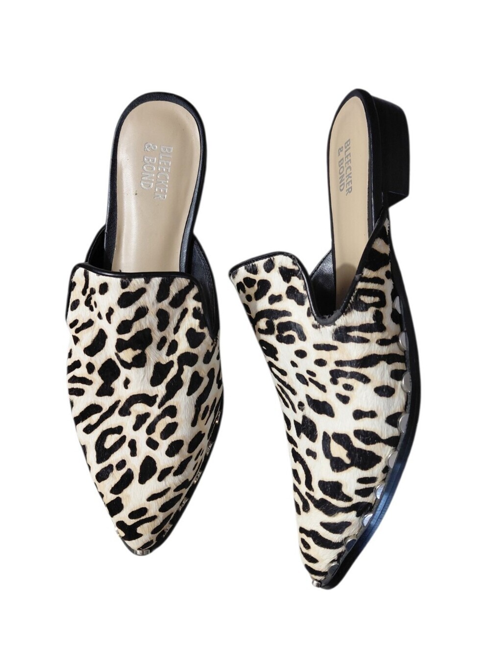 Bleeker & Bond Calf Hair Leopard-Print Studded Pointed Toe Mules Simone 8.5